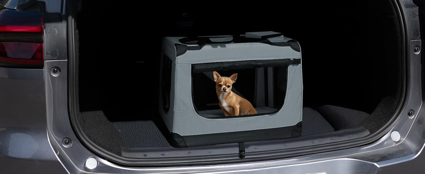 Juskys Collapsible Dog Carrier Box - Portable Travel Crate for Dogs, Cats & Pets - Oxford Fabric, Includes Blanket, Pouch & Handles - Grey, 50x34x36 cm