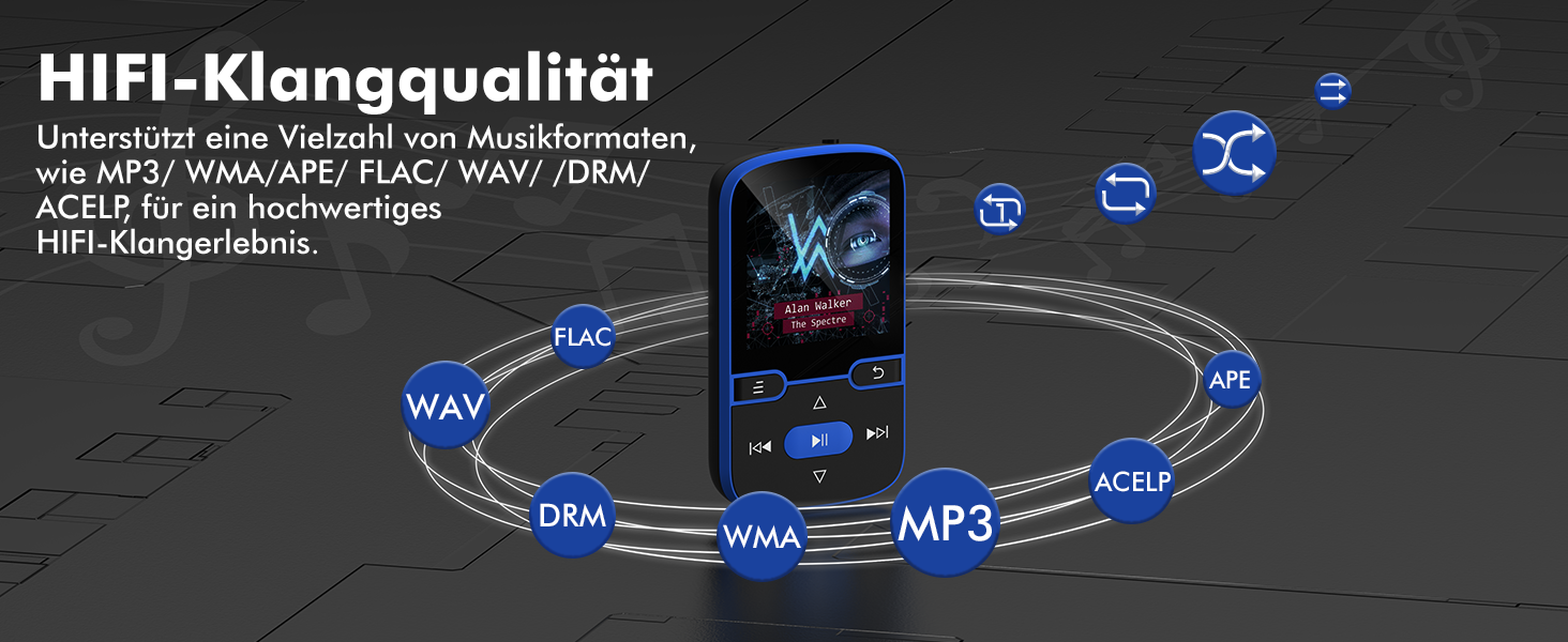 MP3 плеєр Bluetooth 5.3 з кліпсою, HiFi плеєр для спорту та дітей, 64GB, FM-радіо, диктофон, крокомір, екран 1.5