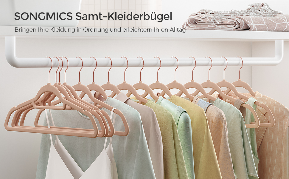 Плечики SONGMICS для одягу, велюрові, набір 50 шт., антиковзаючі, для краваток, 360° обертання, тонкі, економія місця, 43,5 см, для пальто, штани, срібно-білі