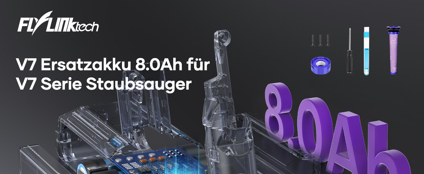 Акумулятор FLYLINKTECH 8.0Ah V8 для пилососів Dyson V8 Absolute/Animal/Fluffy/Motorhead SV10 з 2+1 фільтрами та 4 шурупами
