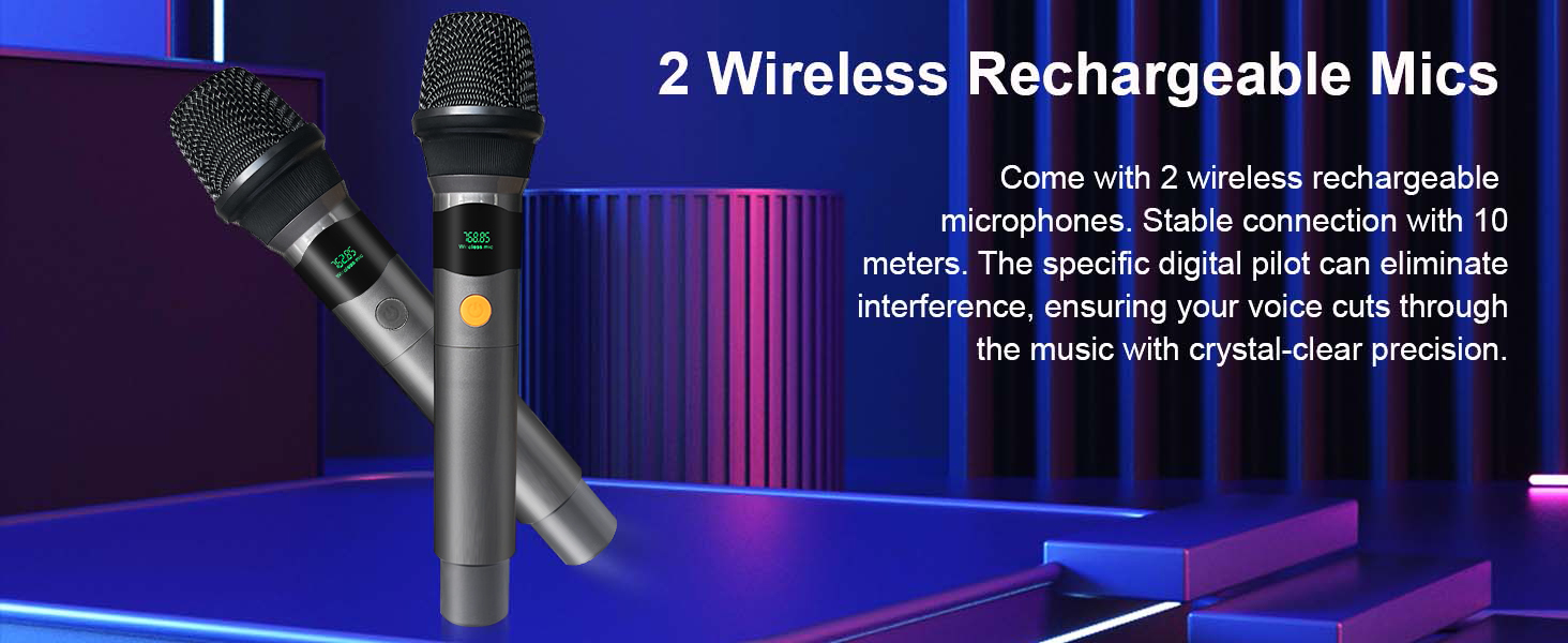 Караоке-машина з 2 бездротовими мікрофонами, коліщатками та ручкою-телескопом - портативна Bluetooth-система з акумулятором 8800mAh, PA-система з підсвічуванням, регулюванням басів/високих частот/ефектом ехо для вечірок, для дому A5
