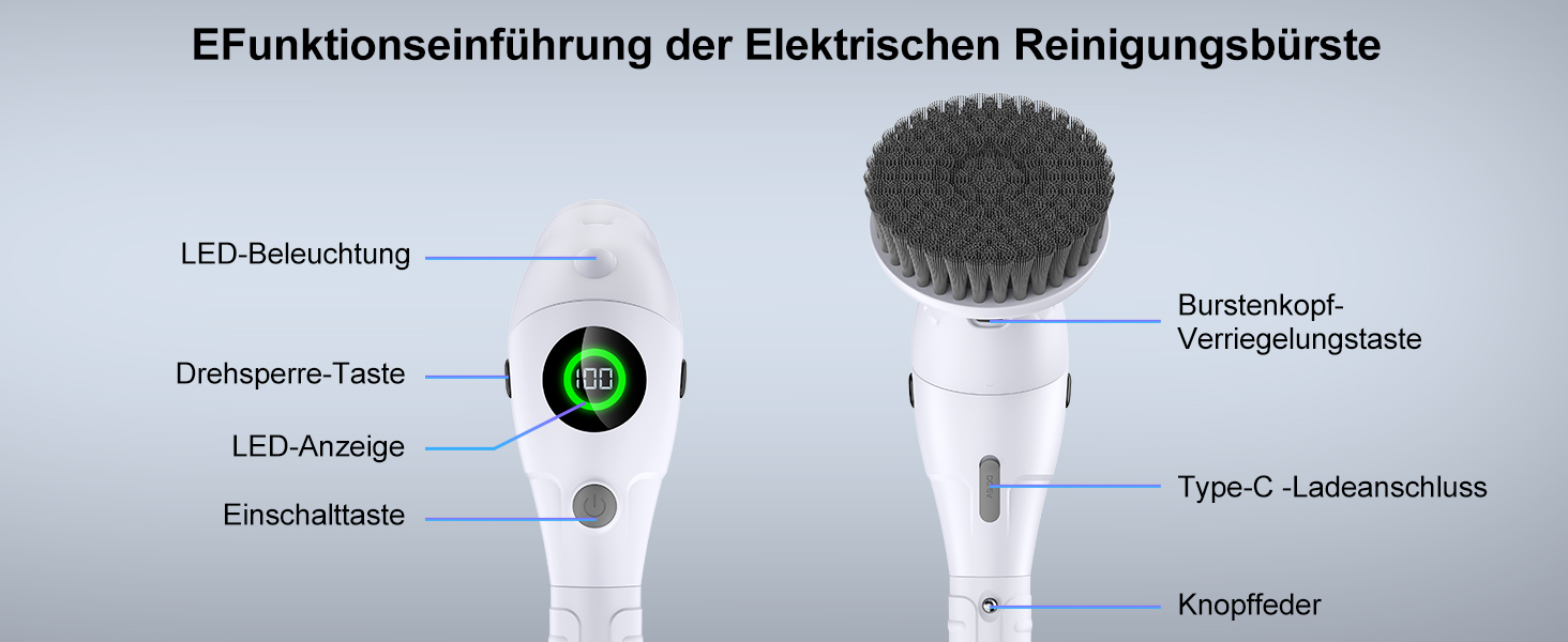 Електрична щітка для чищення з 8 насадок, регулювання швидкості, LED дисплей - для ванної, кухні, авто