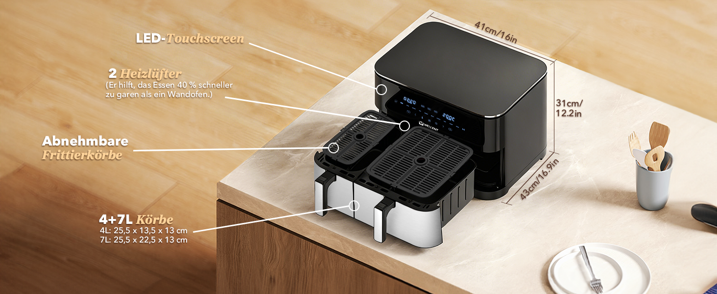 Фритюрниця повітряна WELLENT 2 камери, 2600W, 11л (4+7л) з сенсорним екраном, 10 функцій, для дому