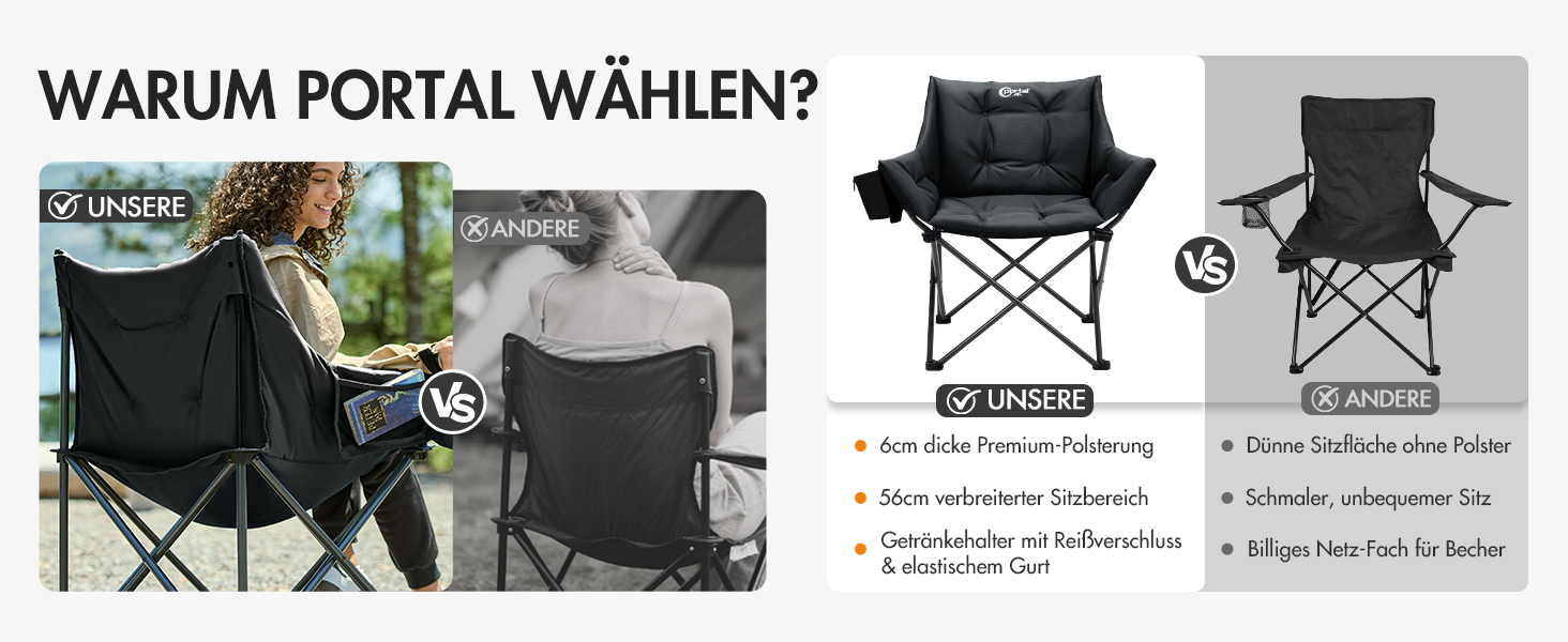 Крісло для кемпінгу складне, XXL, чорне, 150 кг, з підлокітниками, м'яке, для відпочинку на природі