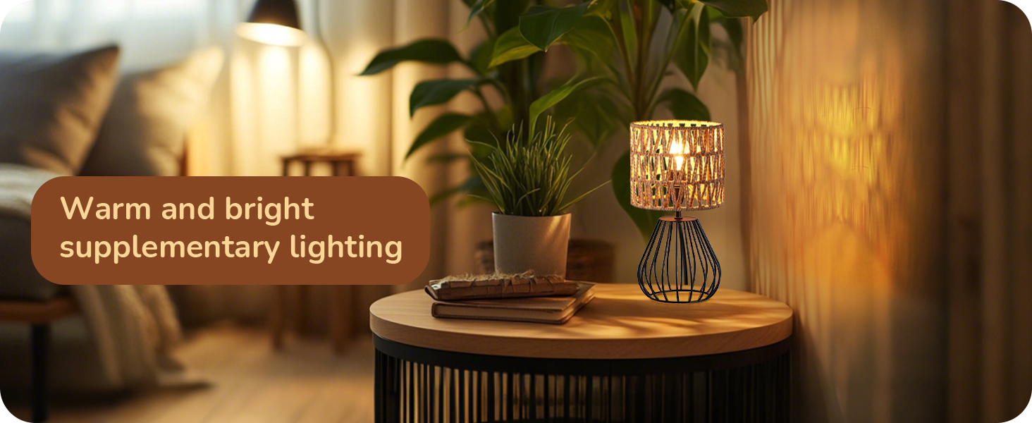 EDISHINE Настільна лампа, сучасний індустріальний дизайн, цоколь E14, вінтажний стиль, для спальні, вітальні, бежево-чорний колір (ротанг + чорний)