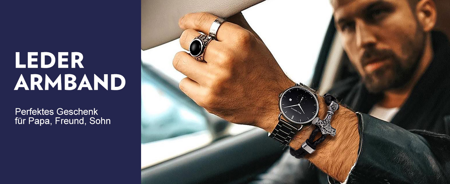 Чоловічий шкіряний браслет Bandmax Mjölnir/Череп/Масонство з магнітною застібкою. Браслет вікінгів для чоловіків, батька, чоловіка. Шкіряний браслет з гравіюванням.