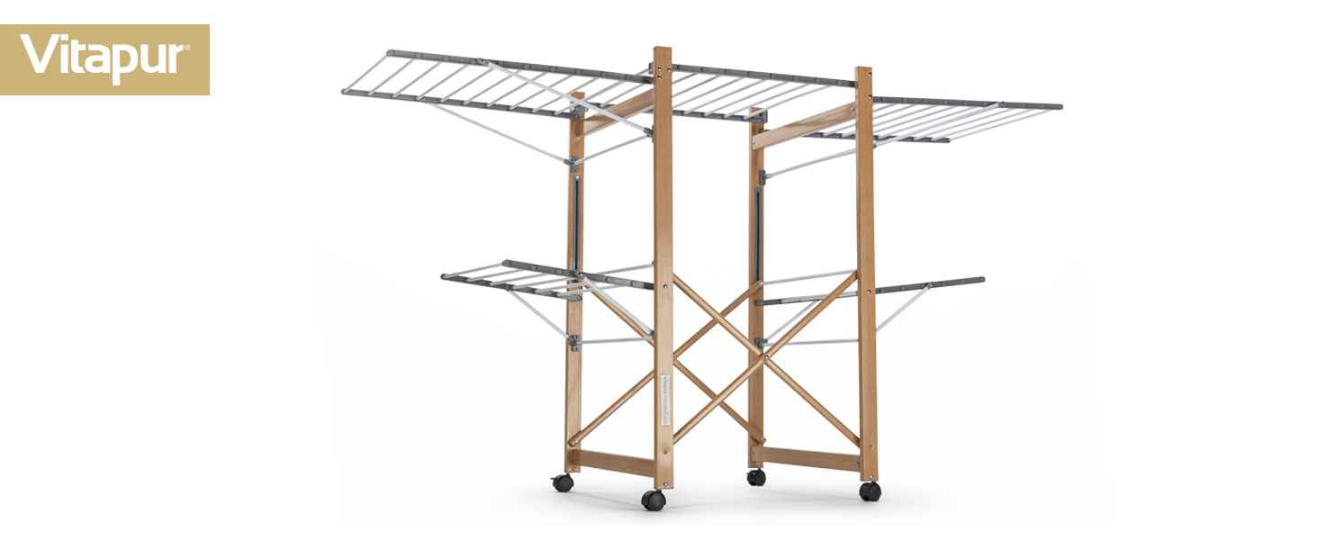 Сушарка для білизни Vitapur XXL з роликами - 2 рівні, 21м довжини, складна, 12см деревоподібний дизайн, мобільна, внутрішня/зовнішня, вантажопідйомність 25кг, 136x69см, економія місця