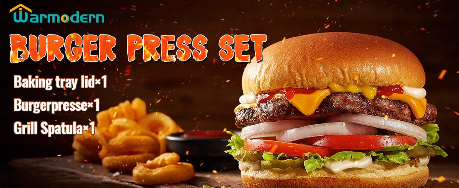 Набір для приготування бургерів Warmodern 3-TLG з нержавіючої сталі: прес 14 см, дзвоник, лопатка | Професійний аксесуар для гриля
