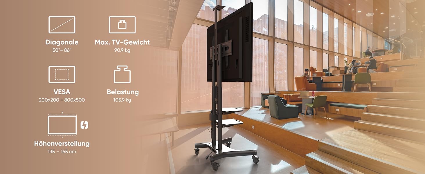 ONKRON Electric TV Stand with Wheels - Adjustable Height, 50-100 Inch TVs, 130kg Capacity, VESA 1000x600 - Black TS1991E-B