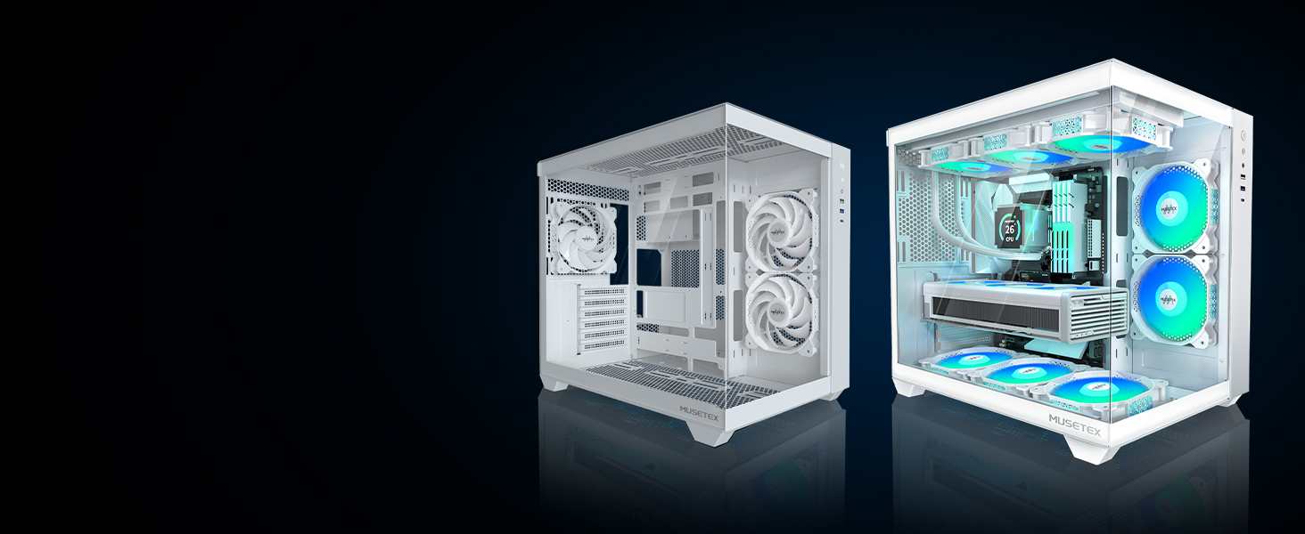 Корпус ПК MUSETEX Y6 ATX з підтримкою 360мм радіатора, Type-C, для геймінгу, з 3 вентиляторами, скляна бічна панель 270°, білий, Mid Tower