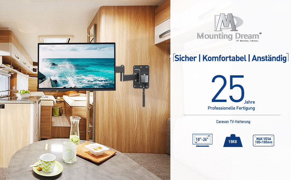 Кріплення для телевізора Mounting Dream для кемпінгу/RV, сумісне з телевізорами 10-26 дюймів, VESA 50x50-100x100mm, до 15кг, поворотне, нахильне, з блокуванням