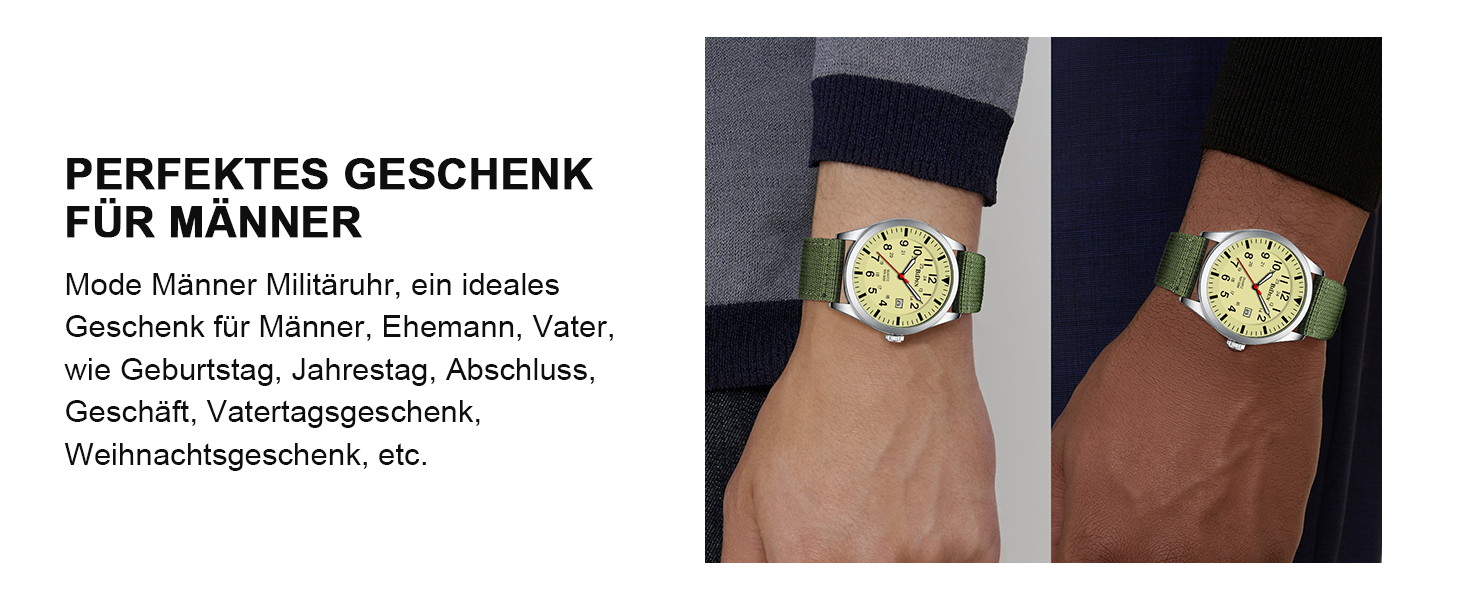 HANPOSH Годинник чоловічий військовий тактичний з датою, водостійкий 3ATM, кварцовий (зелений, срібний, жовтий)