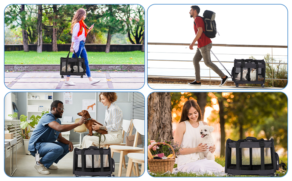 Транспортна переноска для котів та собак з подвійним відділенням, знімною перегородкою та колесами, чорна, L
