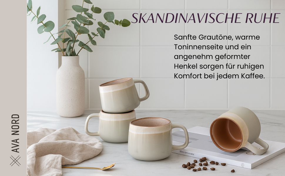Набір керамічних кавових чашок 4 шт, 470 мл – чашки з фаянсу у скандинавському стилі – великі кавові чашки, чашки для чаю та напоїв – для кави та чаю – підходять для мікрохвильової печі та миття в посудомийній машині, сірий колір