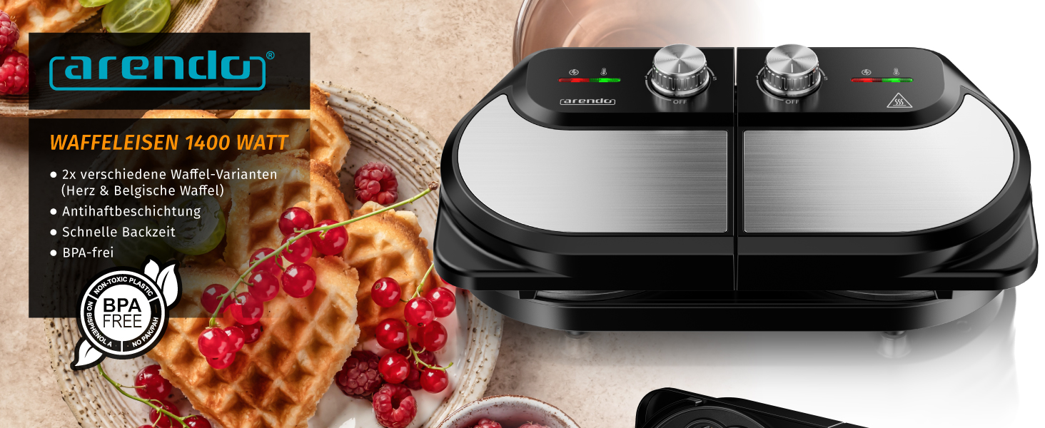Вафельниця Arendo з подвійним покриттям - бельгійські вафлі та серця - 2 дизайни, регулювання температури, антипригарне покриття, 1400 Вт, нержавіюча сталь, срібно-чорний колір, BPA Free
