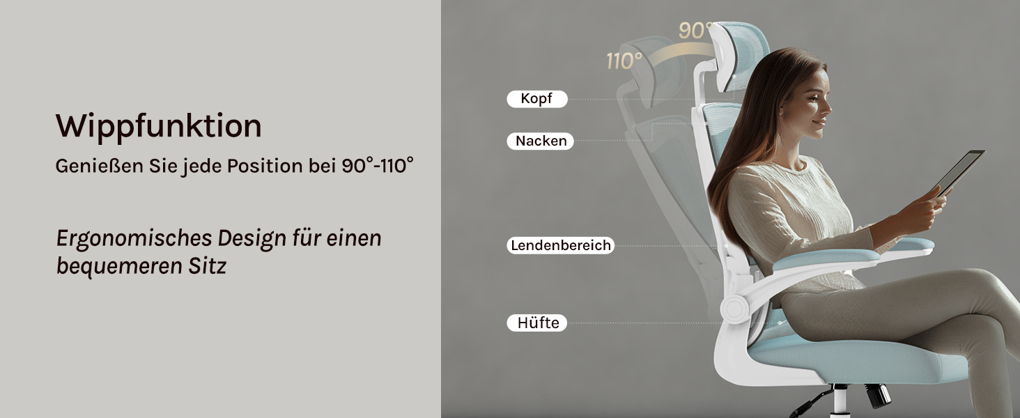 Крісло офісне WOLTU ергономічне, крісло для робочого столу з функцією гойдання, регульована підголовник, поворотні підлокітники, підтримка попереку, офісне крісло, витримує 150 кг (Блакитний)