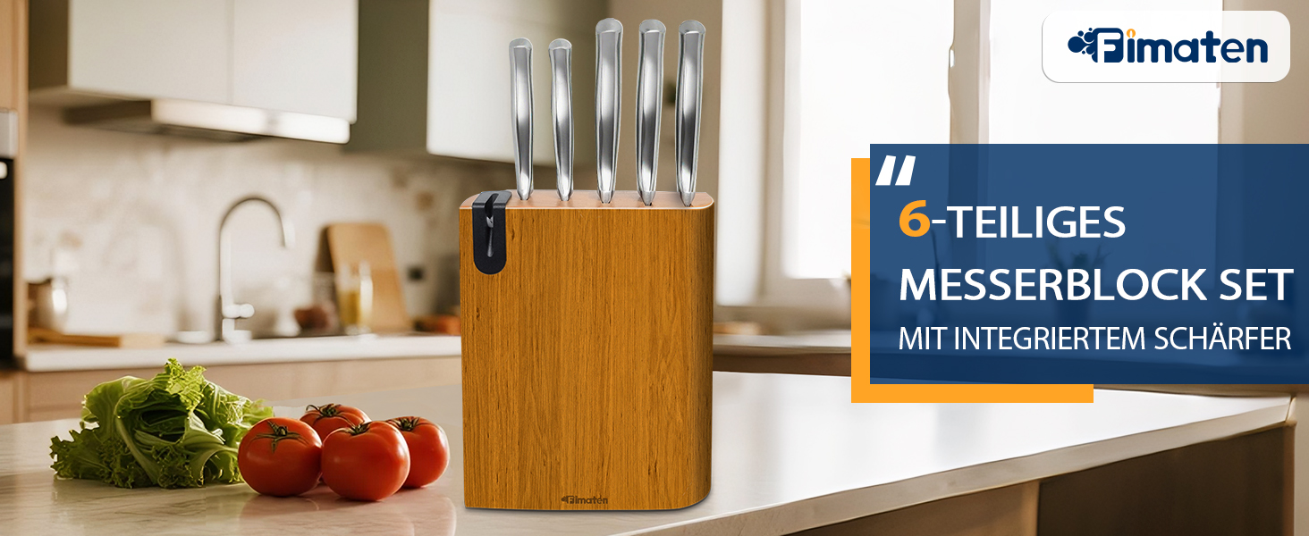 Fimaten 6-Piece Wooden Knife Block Set - Kitchen Knife Set with Chef's Knife, Santoku Knife, Bread Knife, Fruit Knife, Utility Knife & Sharpener