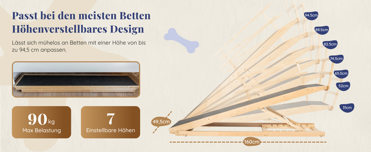 Східці для собак до ліжка з захисним бар'єром - для великих собак до 90 кг - регульована висота до 94.5 см - ширина 49.5 см - складаються - антиковзке покриття - з натурального дерева (бірча) - колір натуральний