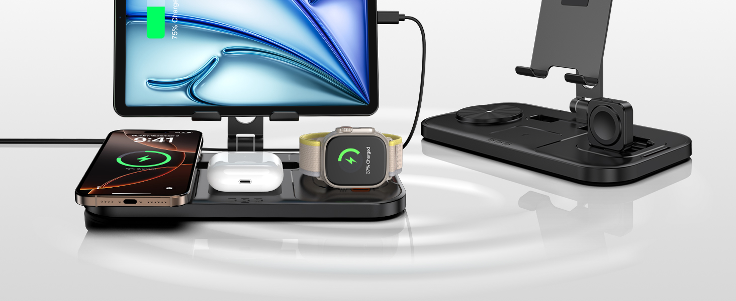 Бездротова зарядка 4-в-1 для Apple iPhone, Apple Watch, AirPods та iPad, з кабелями, чорний