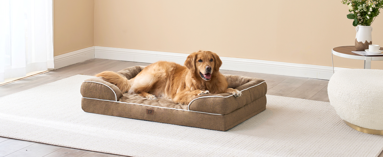 Ортопедичне ліжко для собак EHEYCIGA, 76x51 см, Memory Foam, для собак середніх та маленьких порід, з високим бортиком, водонепроникне, неслизьке, Kamel