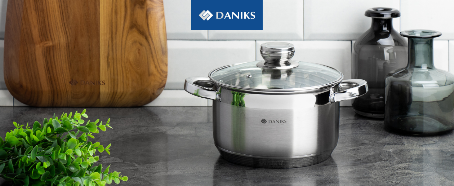 Danik Standard Stainless Steel Cooking Pot with Glass Lid, 20 cm, 4 Liters, Soup Pot/Noodle Pot/Pasta Pot, Silver