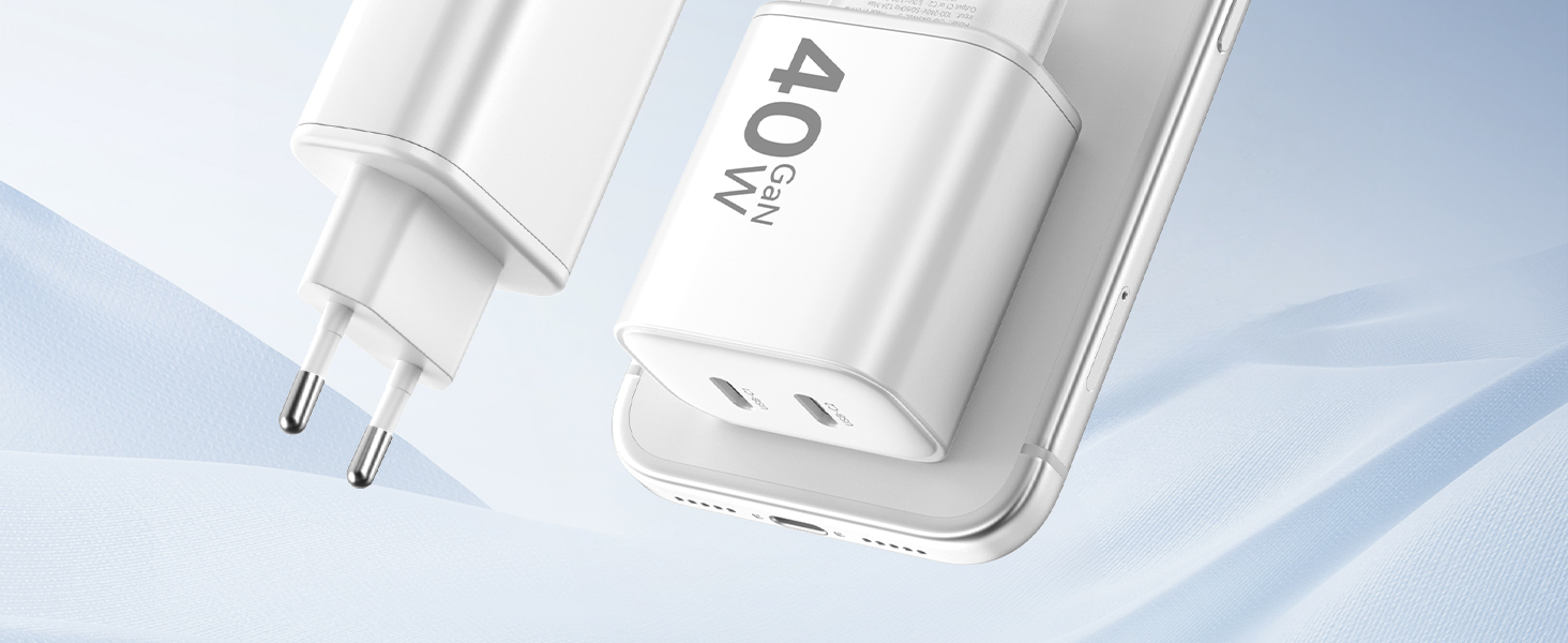 Зарядний пристрій USB-C 40W 2Port для iPhone 17 Pro Max/Pro/15 Plus, iPad Pro/Air, кабель 2м Orange