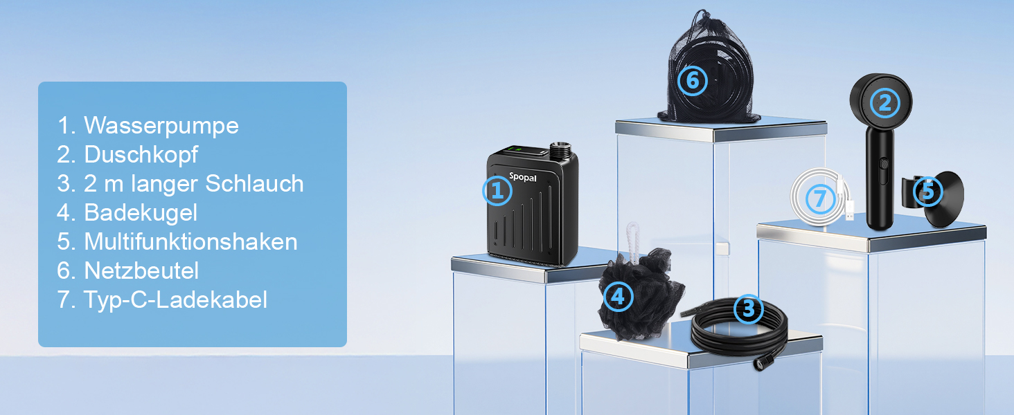 Портативний душ для кемпінгу Spopal 5000mAh, водонепроникний IPX8, з насосом, насадкою, гачком. Для туризму, пляжу, авто, миття тварин