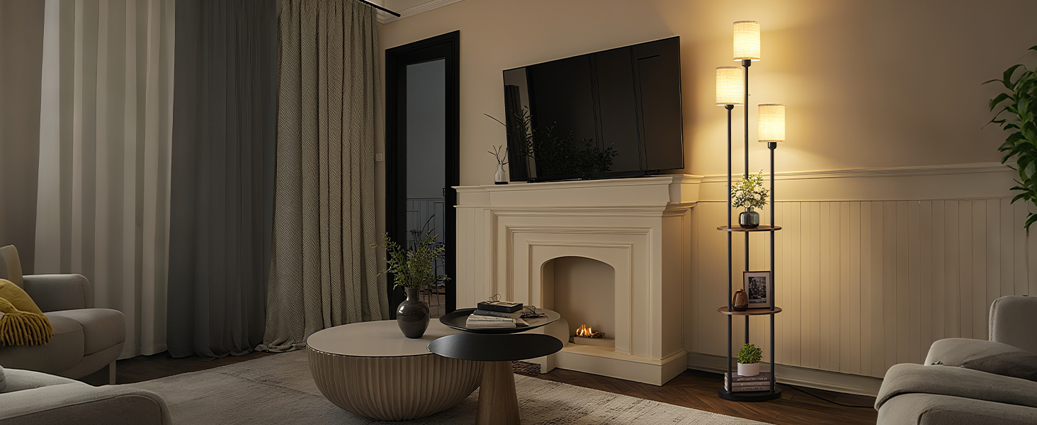 Стельова лампа для вітальні з поличкою, 3-хламкова, вінтажний стиль, бохо, з дерева, з вимикачем на ніжці, E27, ретро, коричнево-бежева ZEF53LDD05