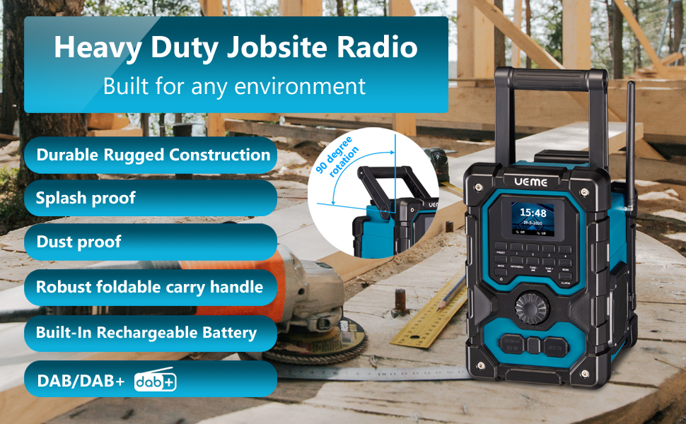Радіо для будівельного майданчика з DAB+, FM, Bluetooth 5.0, 16W, акумулятор 8000mAh, USB-зарядка, Aux, захист від пилу та вологи (блакитне)