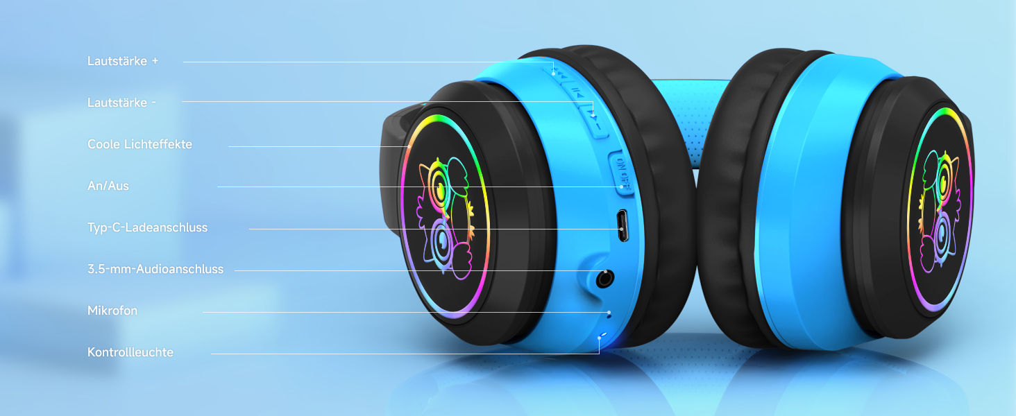 Дитячі навушники LOBKIN Bluetooth Over-Ear з сумкою, бездротові та провідні, для дівчаток, складні, регульовані, для школи та подорожей (Чорний/Синій)