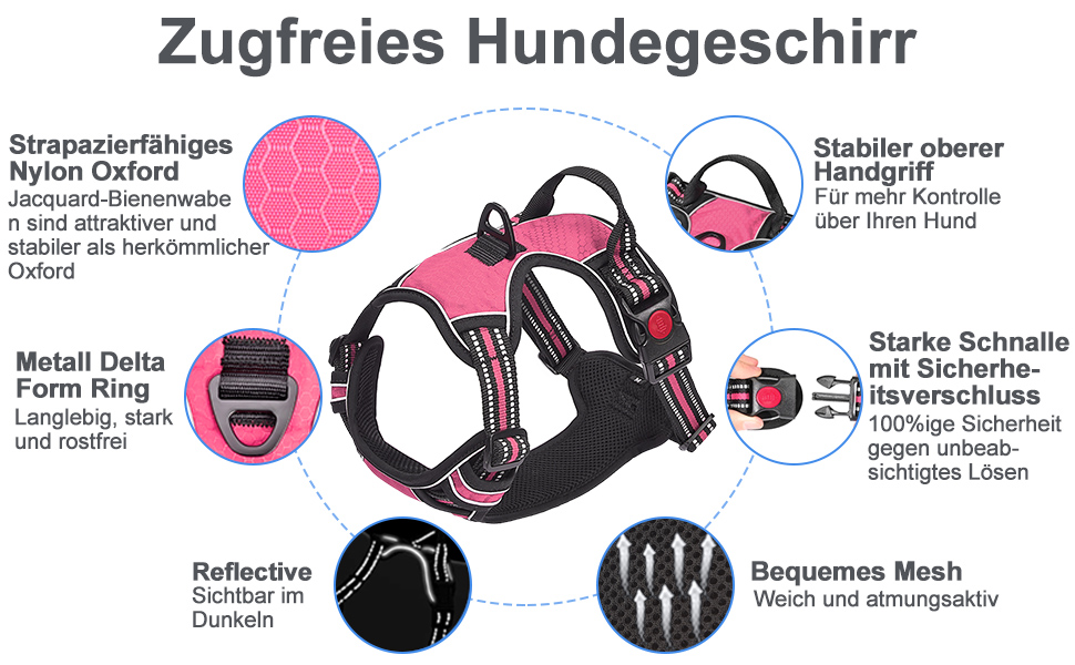 Нашийник для собак Haapaw без натягу, регульований, світловідбиваючий, Оксфорд, зручне керування, середній розмір, міцна собача лінія в подарунок (XL, рожевий)