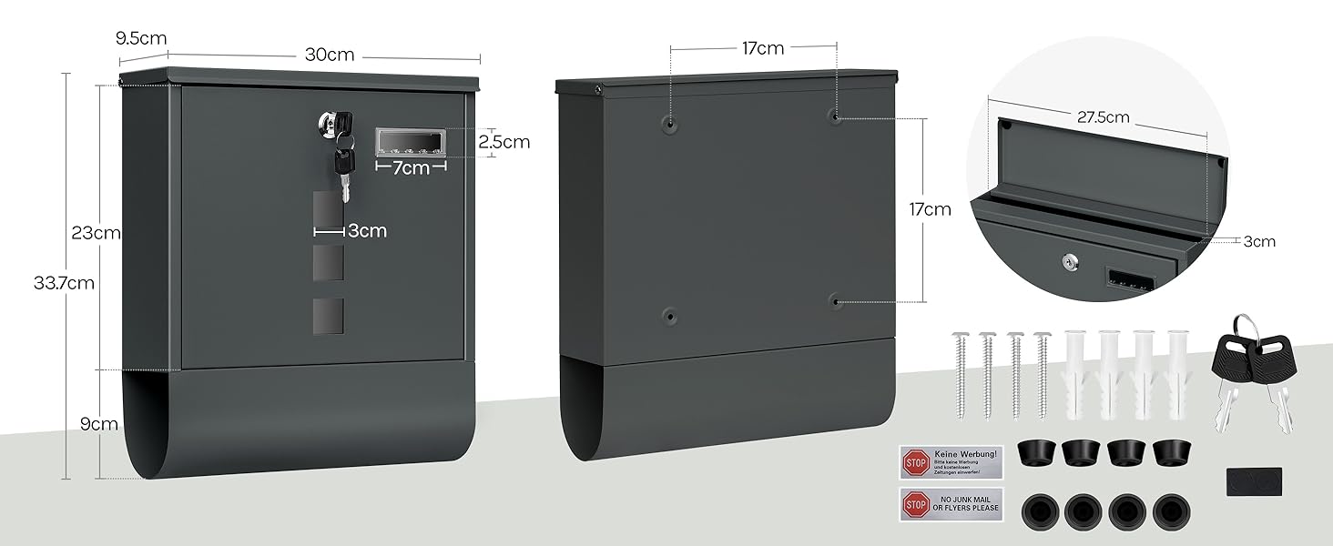 Поштовий ящик WOLTU з газетницею та вікном, замок, табличка для імені, вуличний, антрацит 37x37x10.5 см