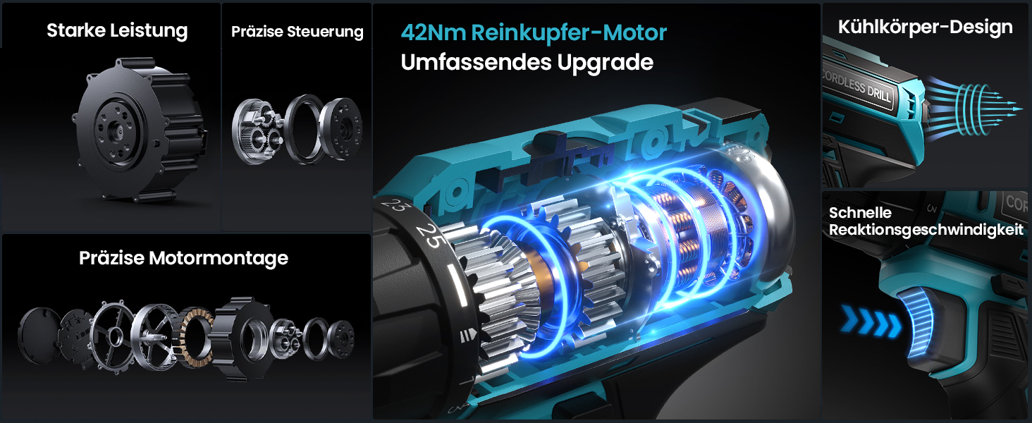 Акумуляторний шуруповерт 20V з 2x 2000mAh акумуляторами, 42Nm, 25+1 момент, LED, сумісний з Makita, для ремонту та DIY, синій