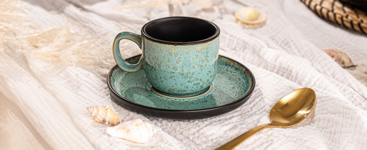 Набір кавових чашок Sänger Fiji на 6 осіб (430 мл), 6 шт. | Стеклокерамика, для кави та чаю, зелені, мікрохвильова піч, посудомийна машина