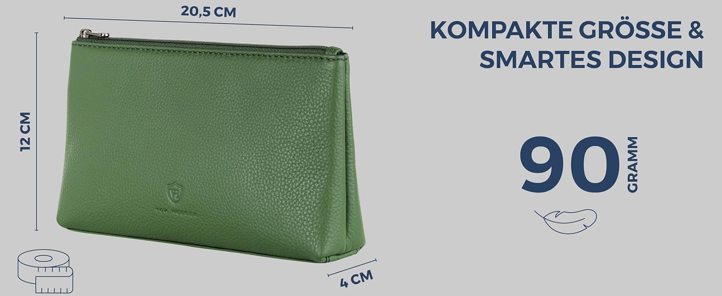 Шкіряна косметичка VON HEESEN для жінок та чоловіків — Елегантна дорожня сумка для аксесуарів та гігієни з натуральної шкіри, Зелена