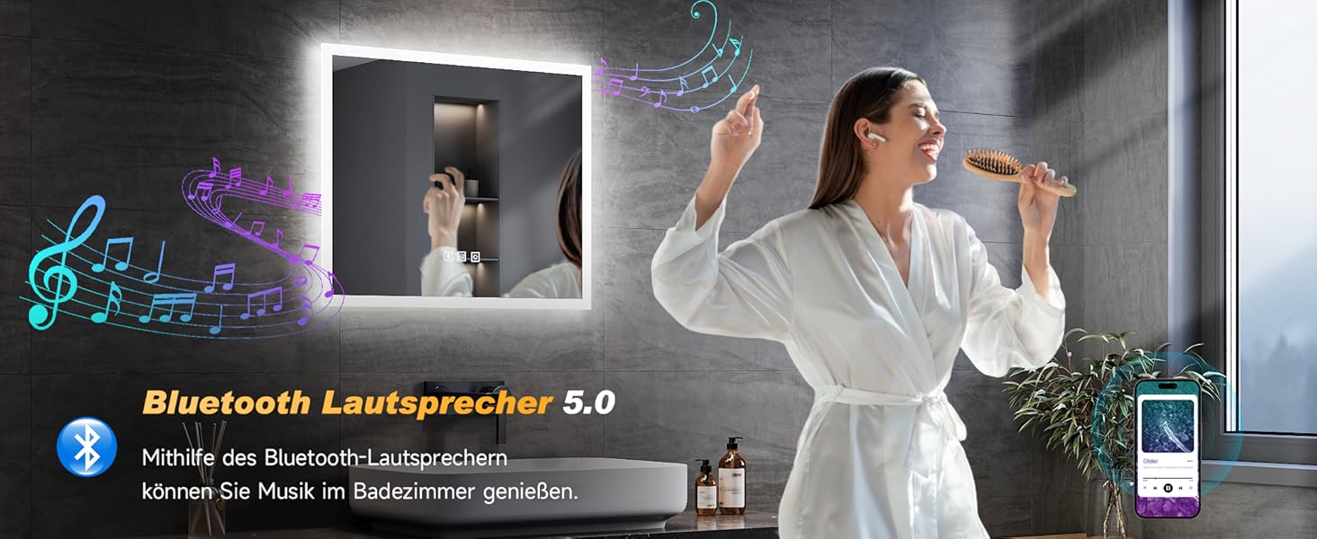 Дзеркало для ванної кімнати SONNI з LED-підсвічуванням, 100 x 60 см, антизапарник, IP44, сенсорне керування, 3 кольори світла, білий