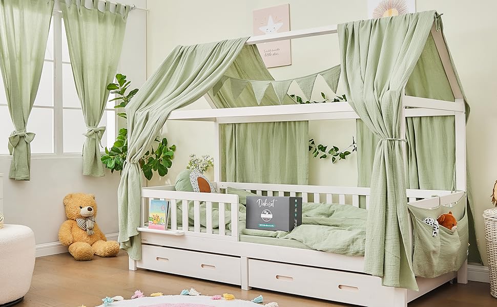 ALAVYA HOME® 3-Piece House Bed Decor Set with 2 Canopy Curtains | 1 Wimpelkette (300cm long) for Children's Bed, Kids' Room | 100% Organic Muslin Cotton | GOTS Certified | 125 x 350 cm | Khaki 125 x 350 cm Khaki