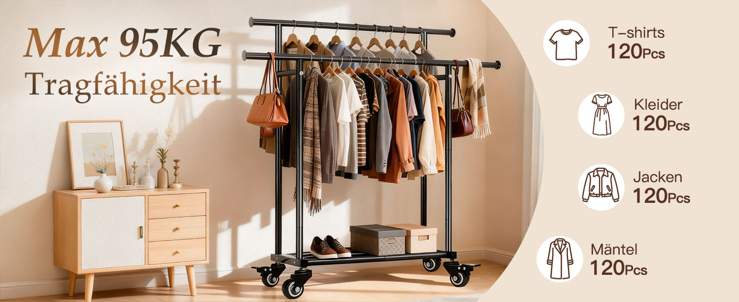 Підвісна шафа Treeboy на колесах, мобільний вішальник для одягу з 2 перекладинами та полицею, стабільний до 95 кг, легкі колеса, швидкий монтаж для спальні, вітальні, пральні, гардеробної, золото 41Tx113Bx162H(2Rods)