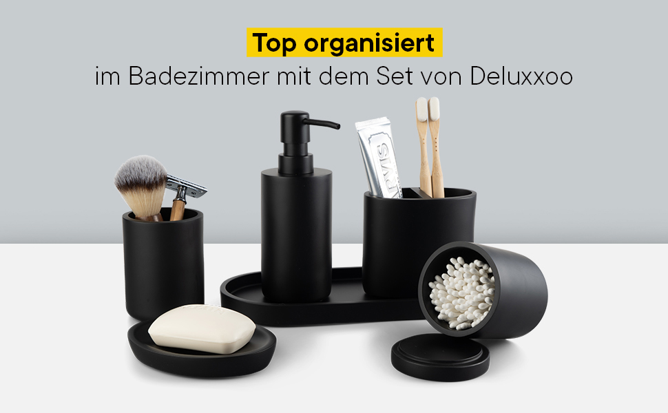 DELUXXOO® Набір аксесуарів для ванної кімнати 6 шт. чорний матовий: органайзер, диспенсер для мила, мильниця, стакан для зубної щітки, піднос, ящик для зберігання