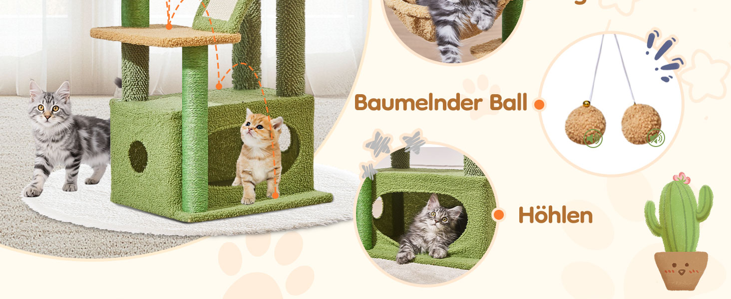 Кігтеточка Taoqimiao Klein, 98 см: котячий будиночок, корзина, 4 стовпчики, м'ячі, зелений (MS029SW)