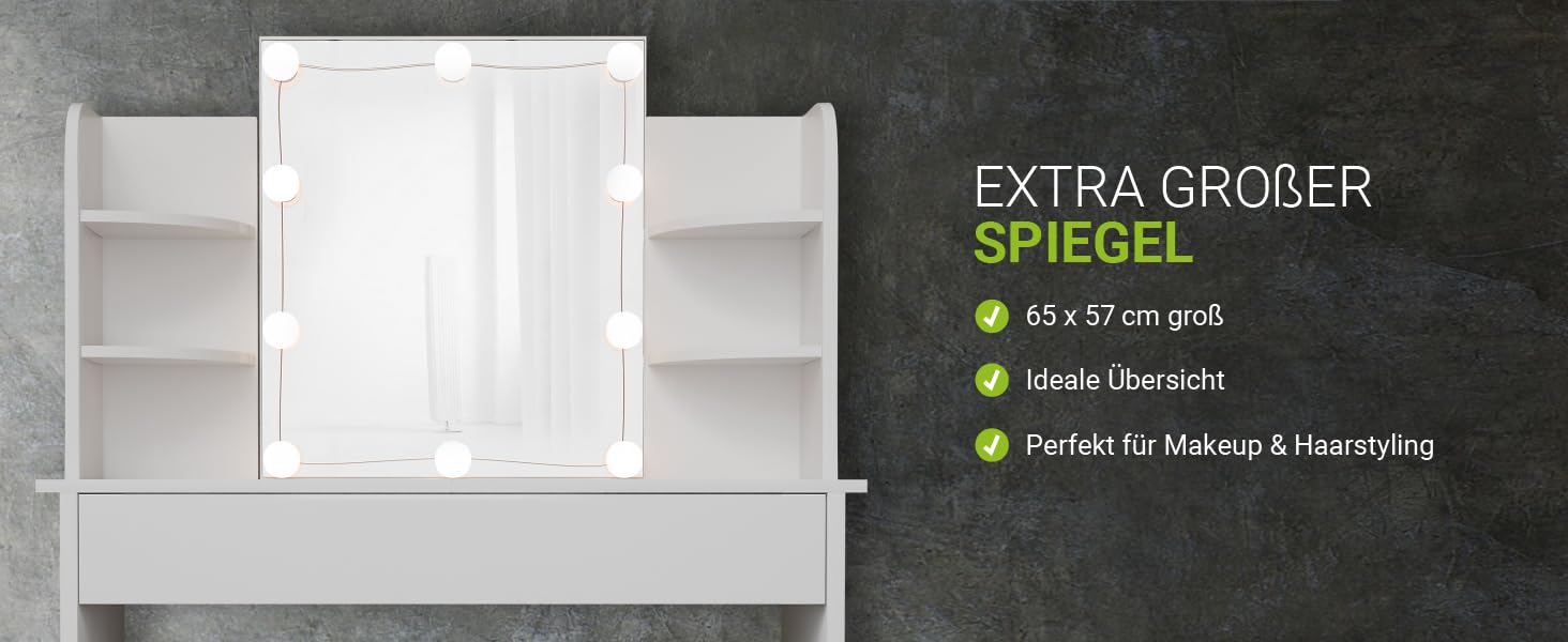 Косметичний стіл Juskys Bella з LED підсвічуванням, дзеркалом, шухлядою та 4 полицями, 108x40x140 см, білий, дерев'яний туалетний столик