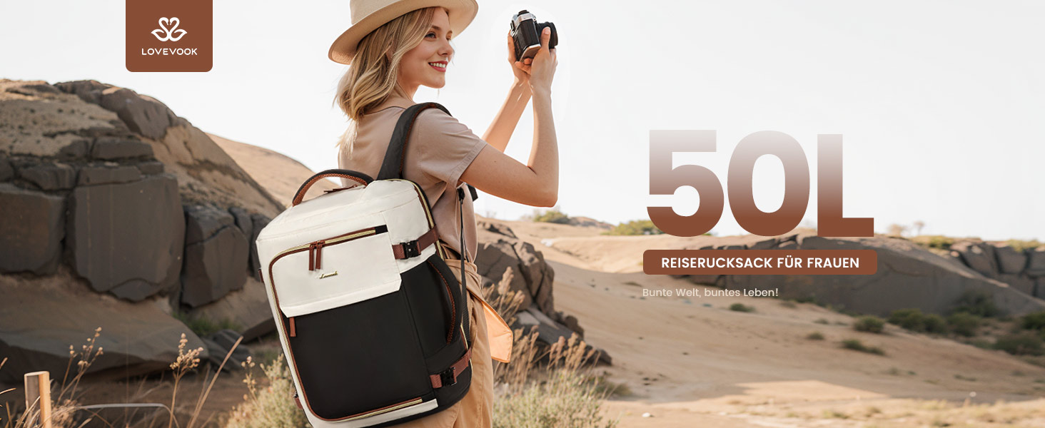 Рюкзак LOVEVOOK для ручної поклажі літака, жіночий, 50L, для подорожей, бізнесу, школи, чорний+бежевий+коричневий