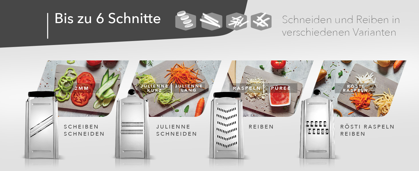 Кухонна терка Börner Combi Chef з контейнером, нержавіюча сталь, 4 насадки — для сиру, овочів, цедри