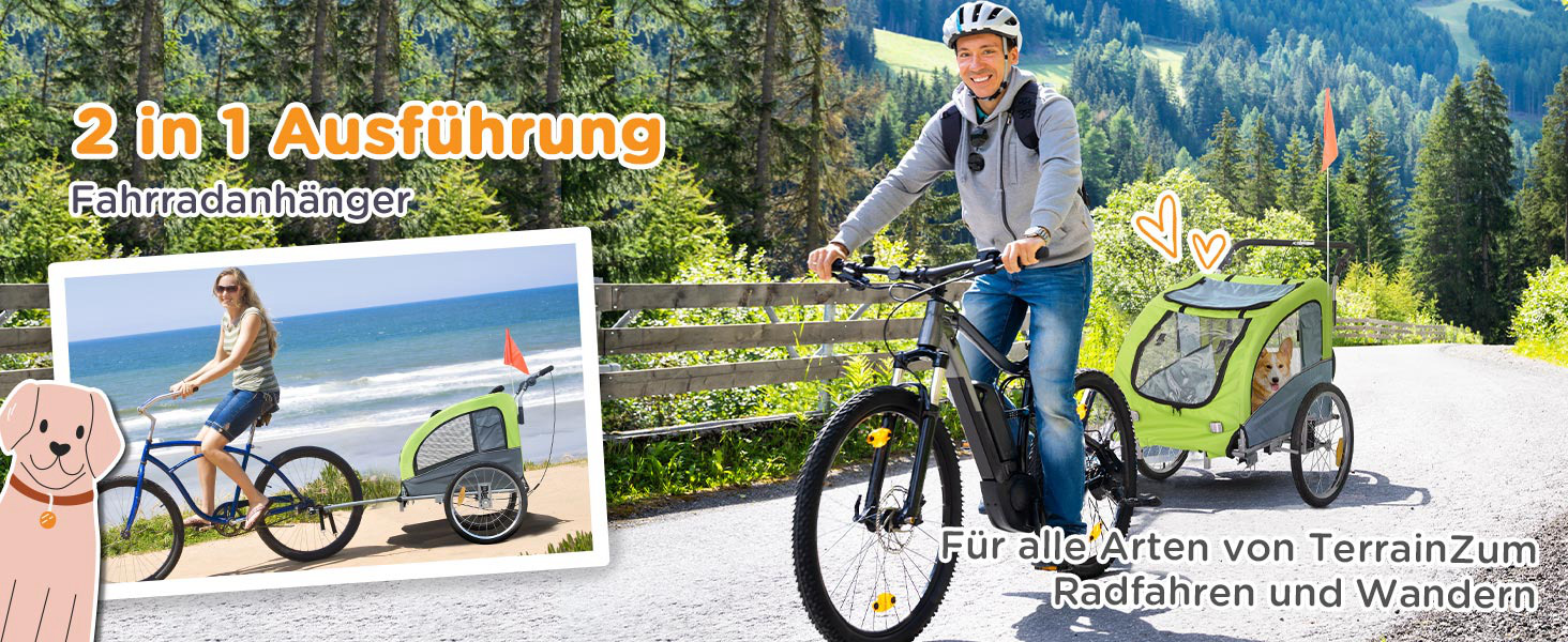 PawHut 2-в-1 Причіп для собак, велосипедний причіп для собак, візок для собак з відбивачами, прапорцем, причіп для собак PawHut, Oxford-тканина (Зелений)