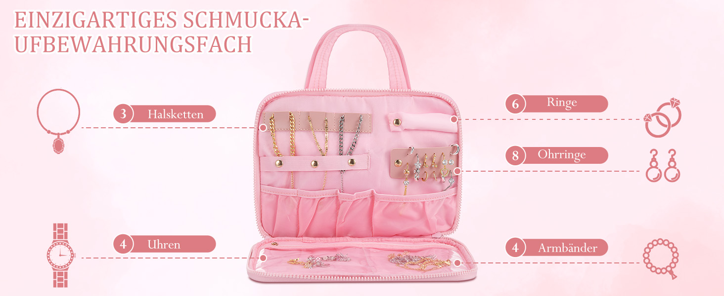 Кришталево-рожева дорожня косметичка для жінок з організатором для прикрас та гачком, водонепроникна, з кількома відділеннями