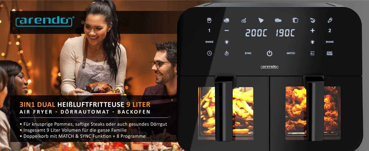 Фритюрниця Arendo Dual Zone 9L з 2 камерами - Airfryer з сенсорним екраном та 3D циркуляцією повітря