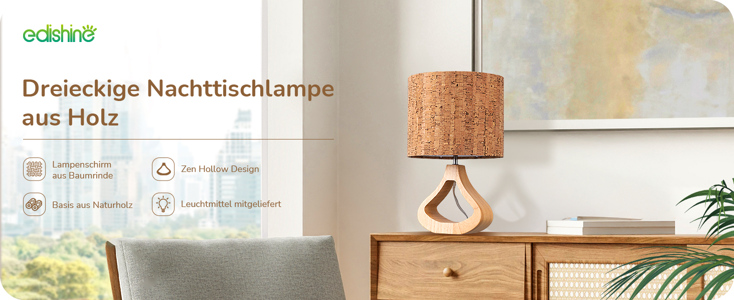 EDISHINE Дерев'яна Настільна Лампа з абажуром з льону, E27, для вітальні, спальні, в стилі кантрі [Енергоклас F], колір: корічневий