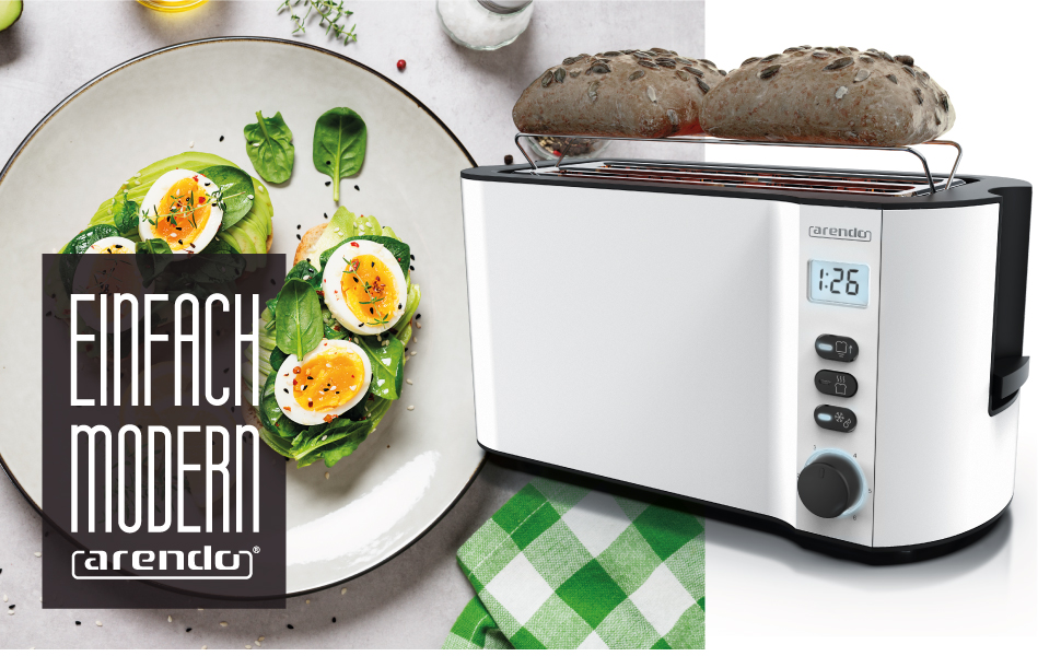 Тостер Arendo з нержавіючої сталі з 4 широкими слотами, подвійними стінками, інтегрованим тримачем для булочок, ступенями підсмажування 1-6, центровкою хліба, автоматичним вимкненням та дисплеєм з індикатором часу. Колір: білий