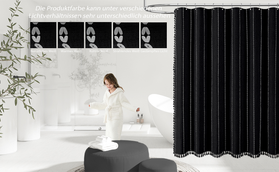 Шторка для душу BTTN 182 x 200 см, бохо-фермерський стиль, важка тканина, смугастий дизайн, бахрома, водовідштовхувальна, з вантажами, 12 гачків, чорно-біла, H200 x B180 см