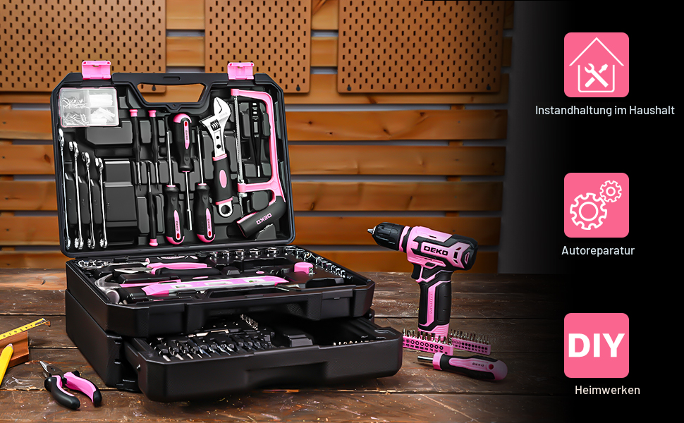 Акумуляторна дриль-шуруповерт DEKO 12V рожева: набір інструментів 238 шт. з акумулятором для дому та ремонту